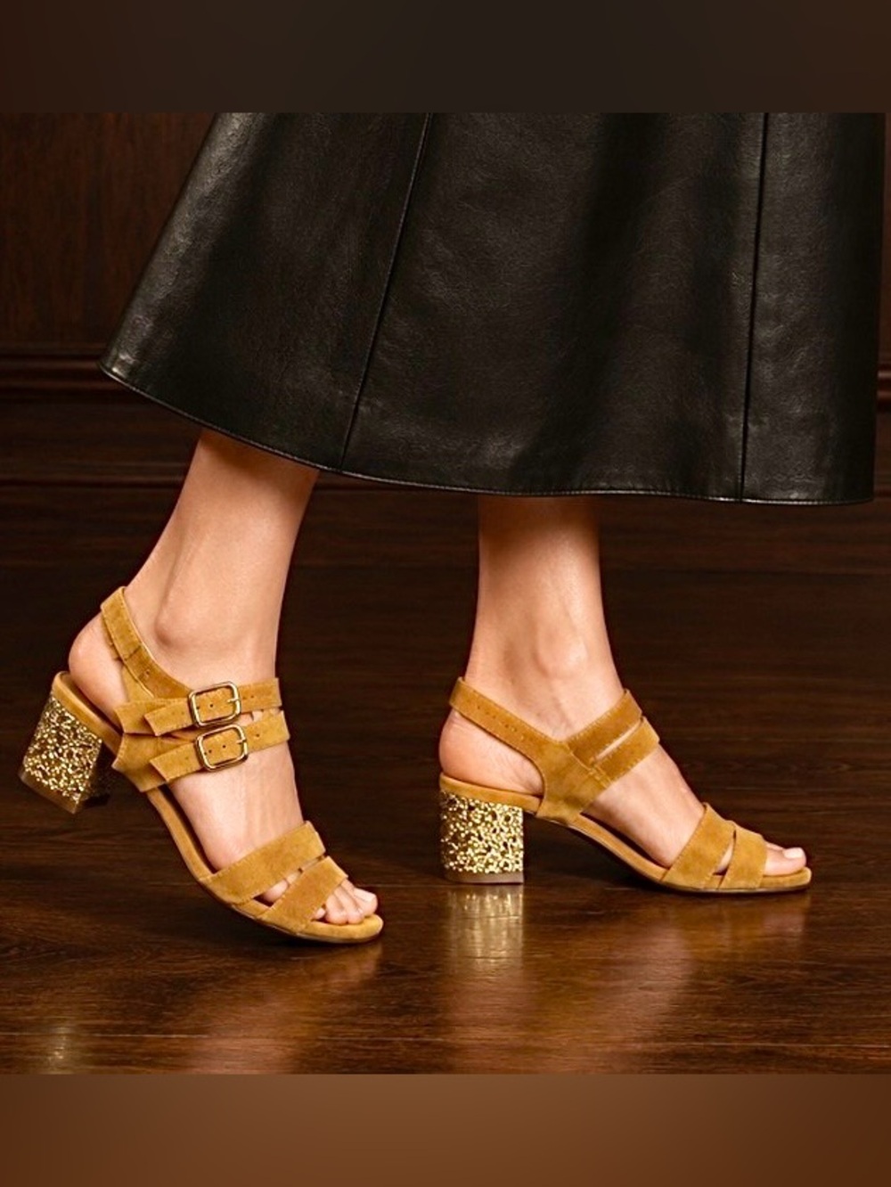 NWT For Love & Lemons MARAIS Jardin Sued Sandal Gold Glitter Heels 7.5 MSRP $275
